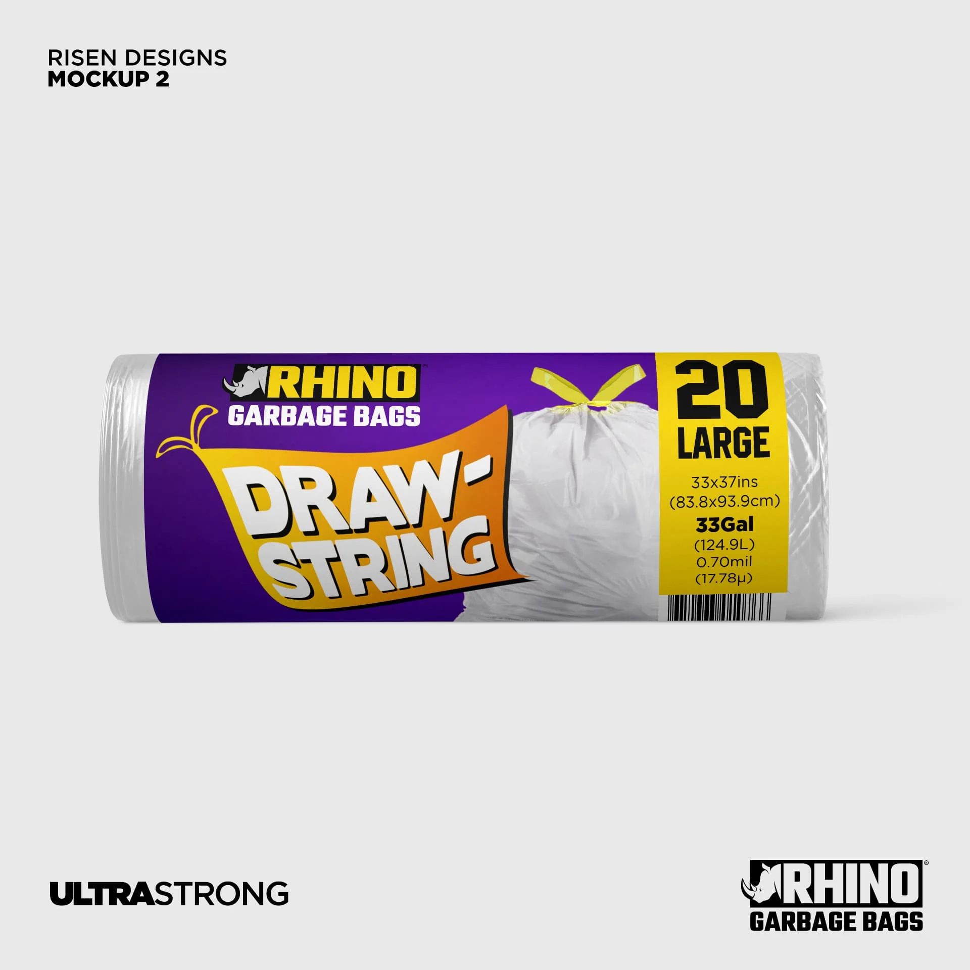 Rhino Garbage Bags — White drawstring roll — 20 large, 33 gal