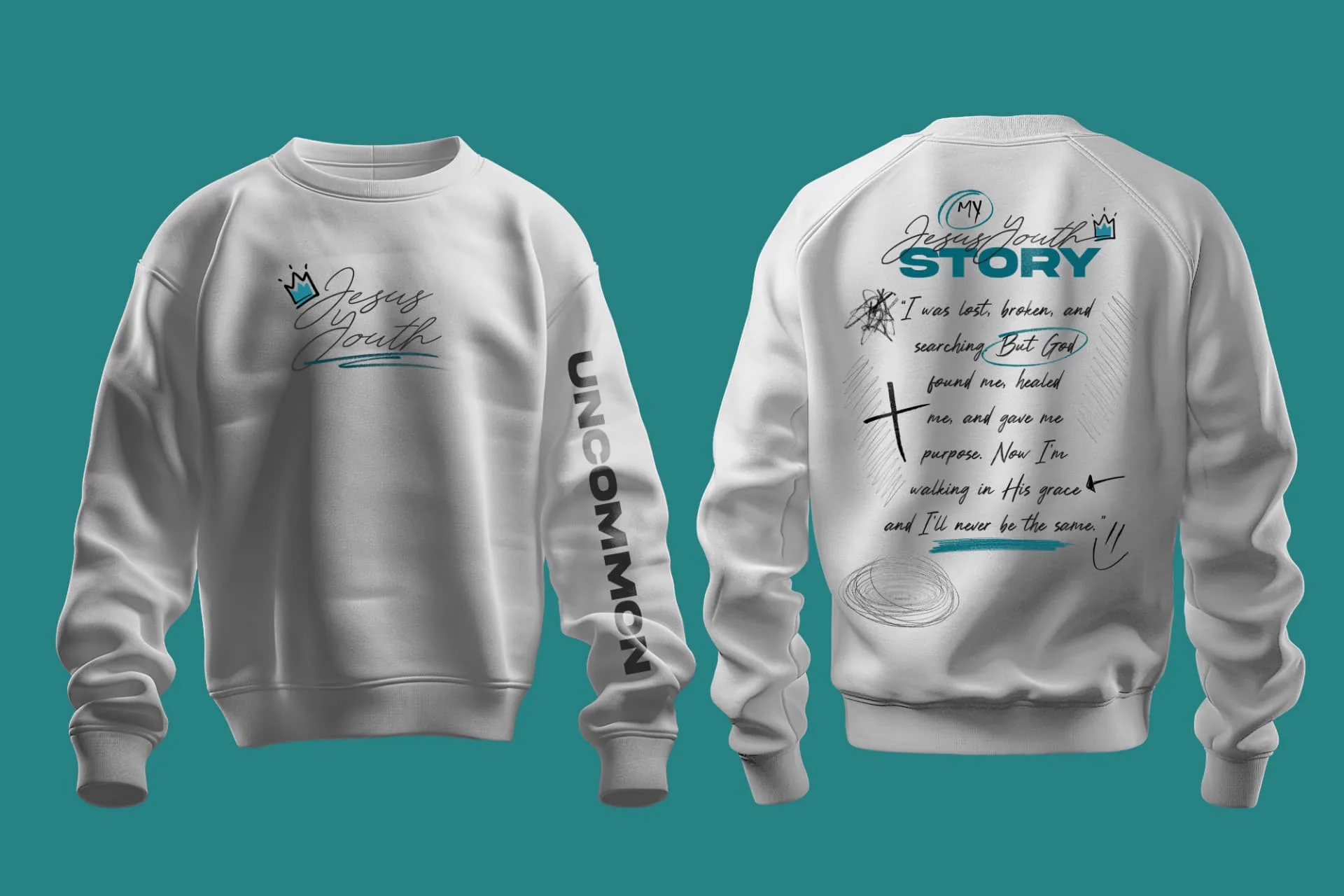 Uncommon 5: The Story — My Jesus Youth Story — crewneck, white