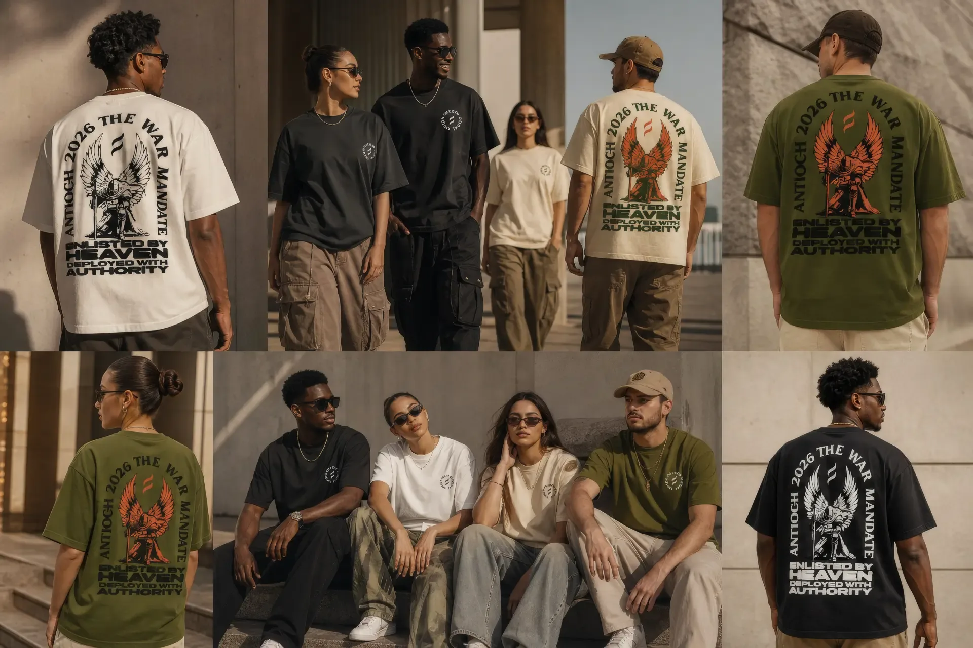 Antioch 26 — The War Mandate — Apparel colourways — black, bone, olive and white