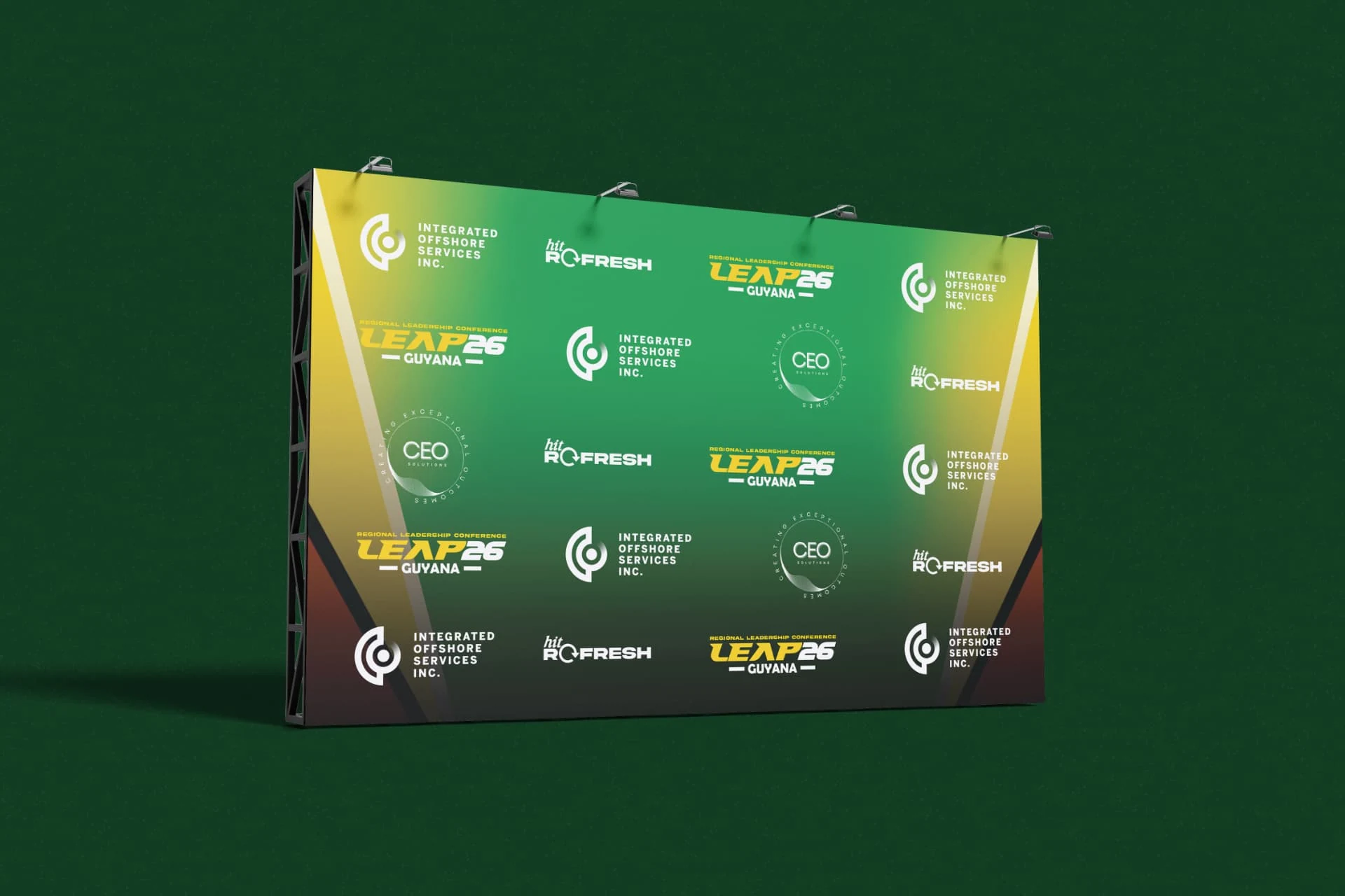 LEAP26 Guyana — Main stage sponsor wall