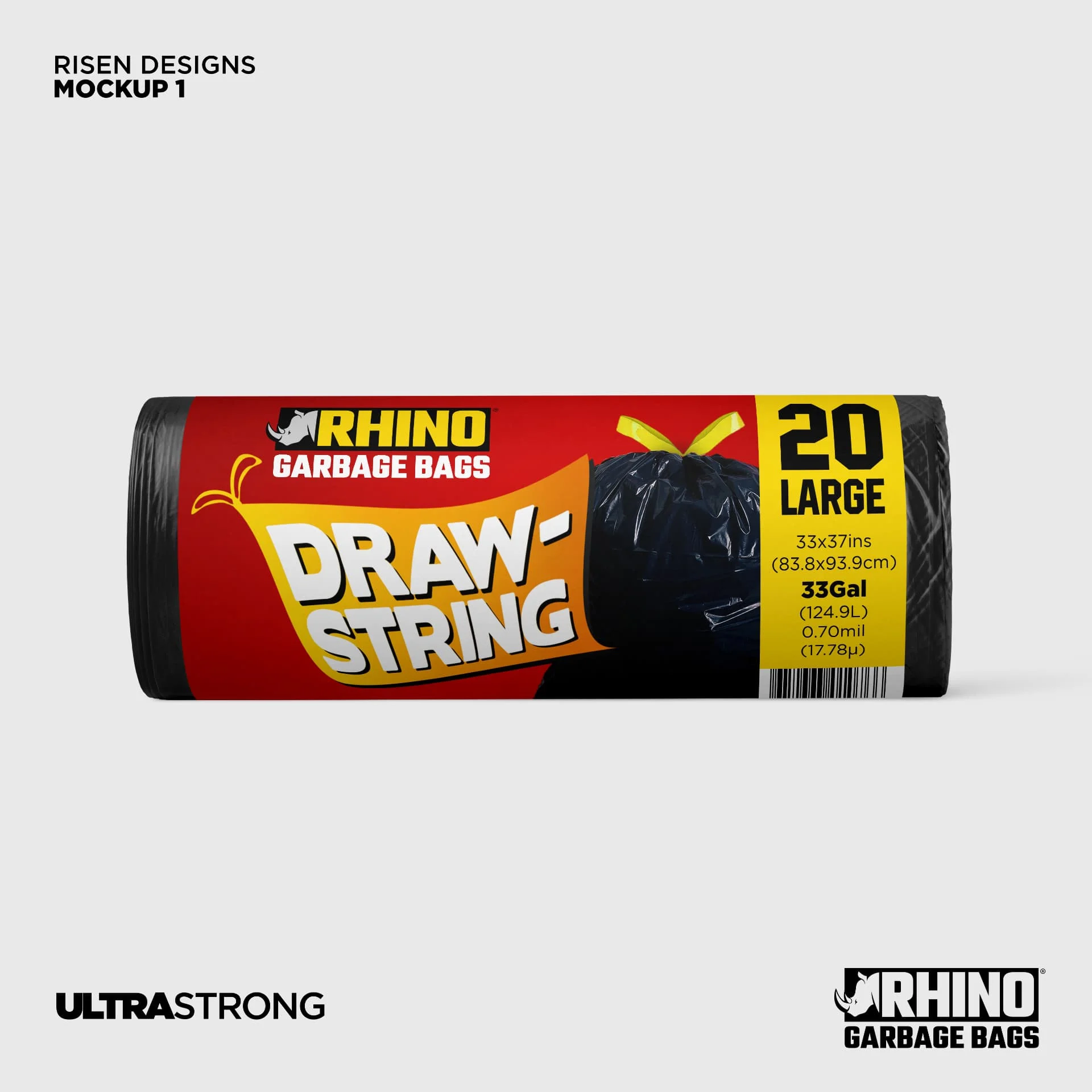 Rhino Garbage Bags — Black drawstring roll — 20 large, 33 gal